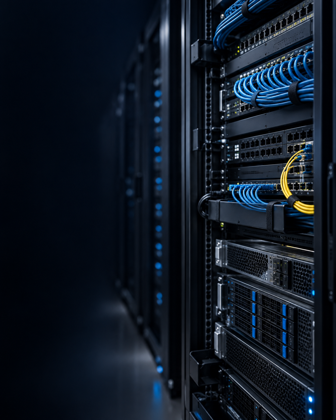 Rack de servidores y cableado en un centro de datos
