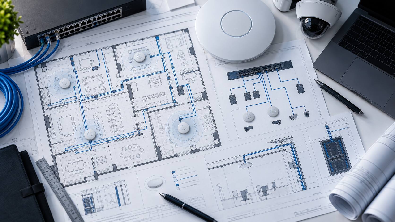 Planeación técnica de red, cobertura inalámbrica y dispositivos sobre planos arquitectónicos.